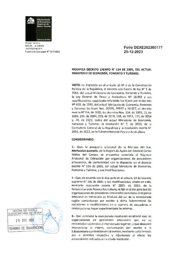 Dec. Ex. Folio 202300177 Modifica Dec. Ex. N°114-2005 Que Estableció Régimen Artesanal de Extracción para la Pesquería Artesanal de Merluza del sur, Región de Aysén. (Publicado en Página Web 02-01-2024)