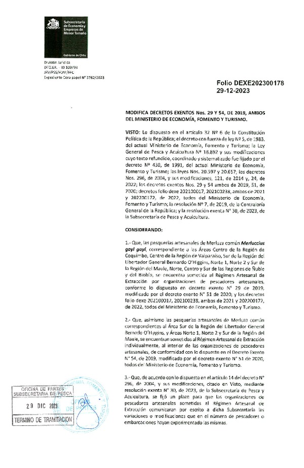 Dec. Ex. Folio 202300178 Modifica Dec. Ex. N° 29 y N° 54, ambos de 2019, Establece Régimen Artesanal de Extracción Por Organización Pesquería Merluza Común. (Publicado en Página Web 02-01-2024)