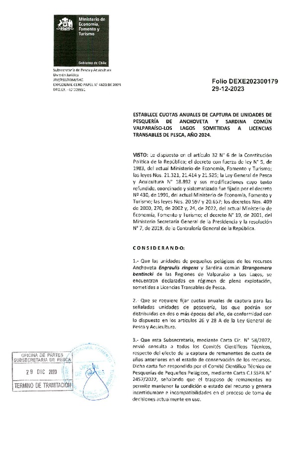 Dec. Ex. Folio 202300179 Establece Cuotas Anuales de Captura de Pesquería de Anchoveta y Sardina Común, Valparaíso - Los Lagos Sometidas a Licencias Transables de Pesca, Año 2024. (Publicado en Página Web 02-01-2024)