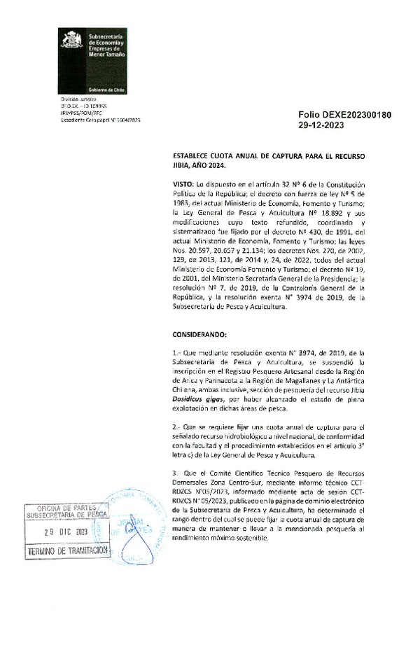 Dec. Ex. Folio 202300180 Establece Cuota Anual de Captura Para el Recurso Jibia, Año 2024. (Publicado en Página Web 02-01-2024)