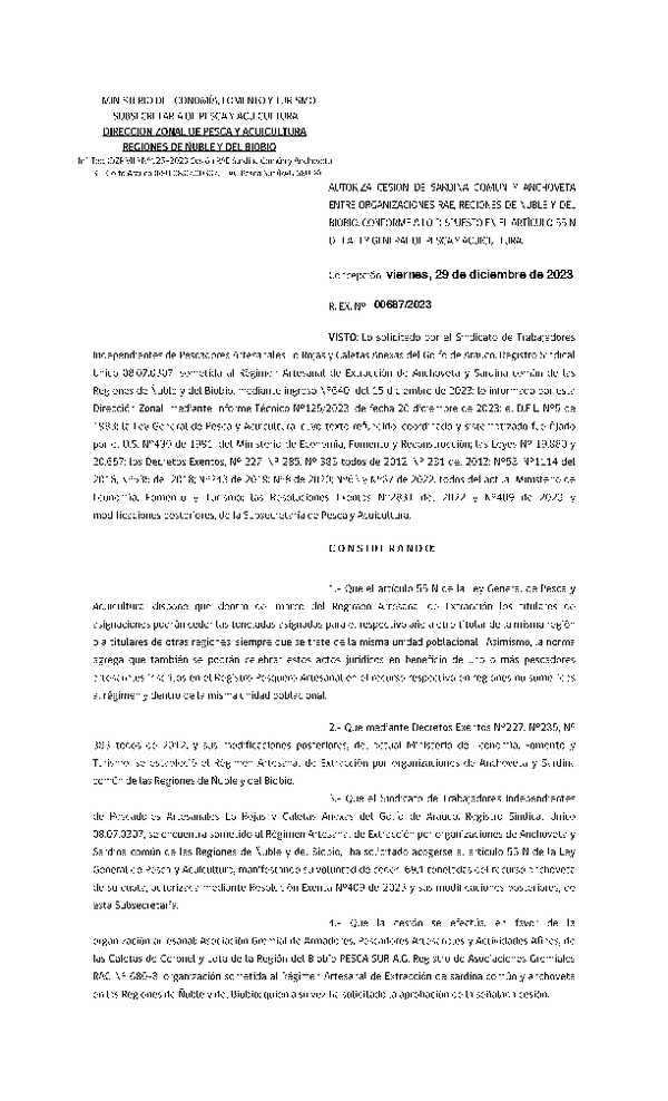 Res. Ex. CERO PAPEL N° 00687-2023 Autoriza cesión Sardina común y Anchoveta, Regiones de Ñuble y del Biobío. (Publicado en Página Web 03-01-2024)