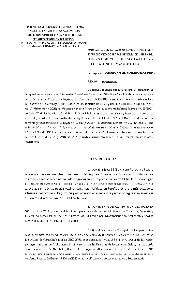 Res. Ex. CERO PAPEL N° 00688-2023 Autoriza cesión Sardina común y Anchoveta, Regiones de Ñuble y del Biobío. (Publicado en Página Web 04-01-2024)