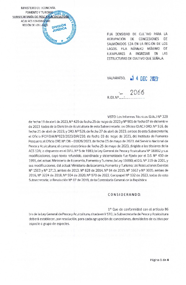 Res. Ex. N° 2066-2023 Fija Densidad de Cultivo para la Agrupación de Concesiones de Salmónidos 12A, en la Región de Los Lagos. Fija Número Máximo de Ejemplares a Ingresar en las Estructuras de Cultivo que Señala. (Publicado en Página Web 04-01-2024)