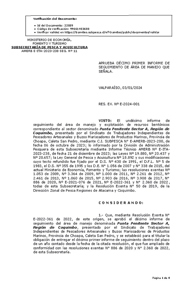 RESOL. EXENTA Nº E-2024-001 Aprueba 11° Seguimiento. (Publicado en Página Web 08-01-2024)