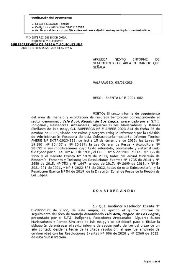 RESOL. EXENTA Nº E-2024-002 Aprueba 6° Seguimiento. (Publicado en Página Web 08-01-2024)