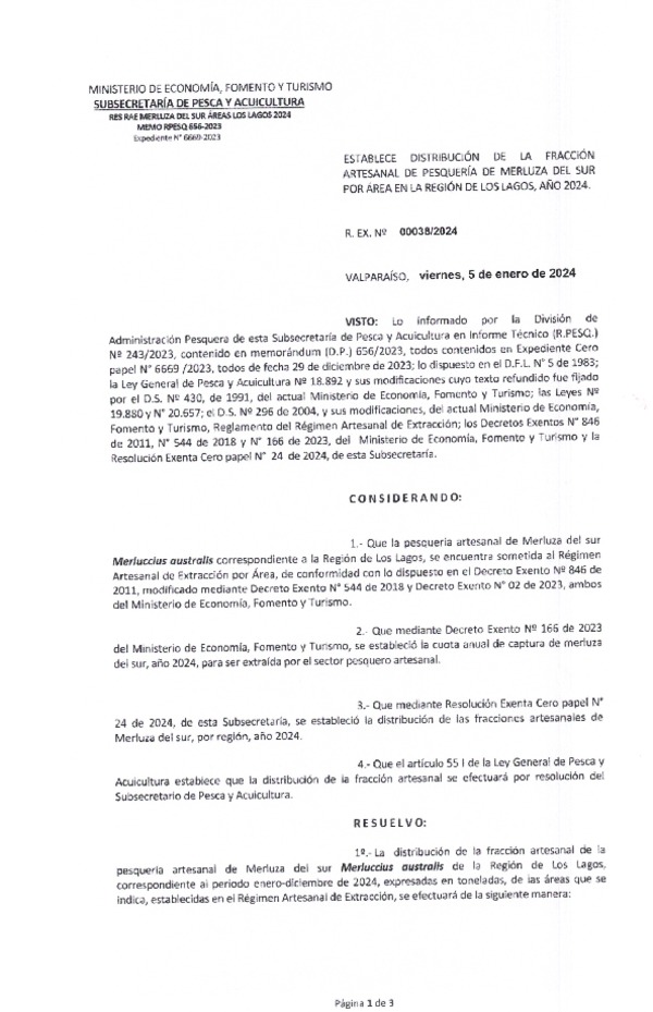 Res. Ex n°00038-2024 Distribución de la Fracción Artesanal de Pesquería de Merluza del Sur por área en la región de Lagos, año 2024. (Publicado en Página Web 08-01-2024).