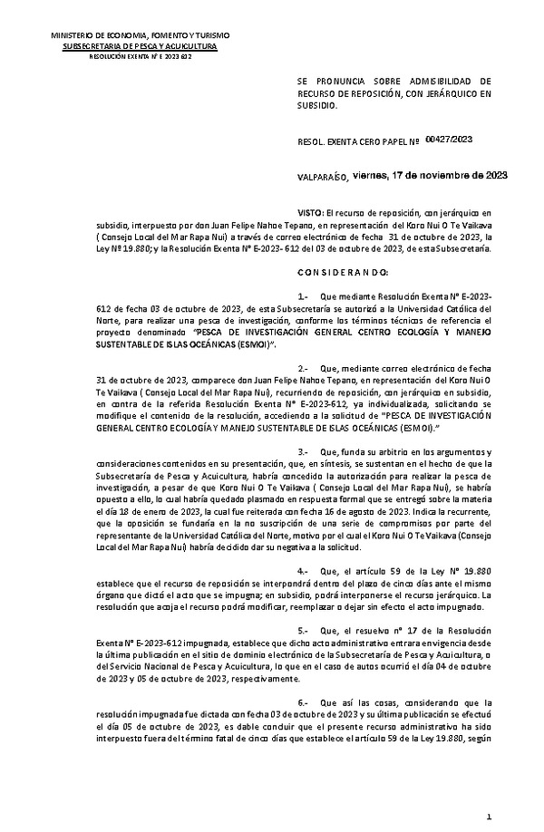 Res. Ex. CEROPAPEL N° 00427-2023 Se pronuncia sobre admisibilidad de recurso de reposición, con jerárquico en subsidio. (Publicado en Página Web 10-01-2024)