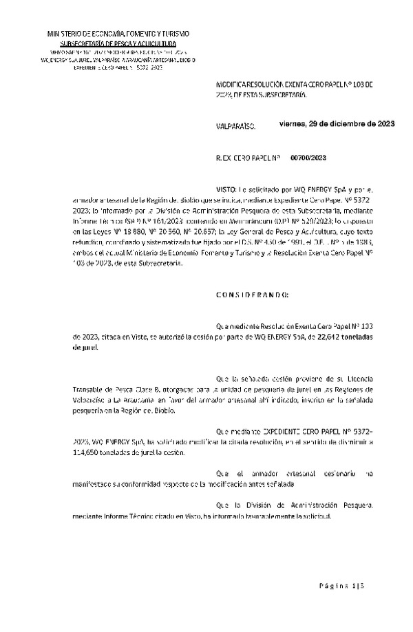 Res. Ex. CEROPAPEL N° 00700-2023 Modifica Res. Ex. N° 00103-2023 Autoriza Cesión de Jurel Regiones de Valparaíso a La Araucanía. (Publicado en Página Web 10-01-2024)