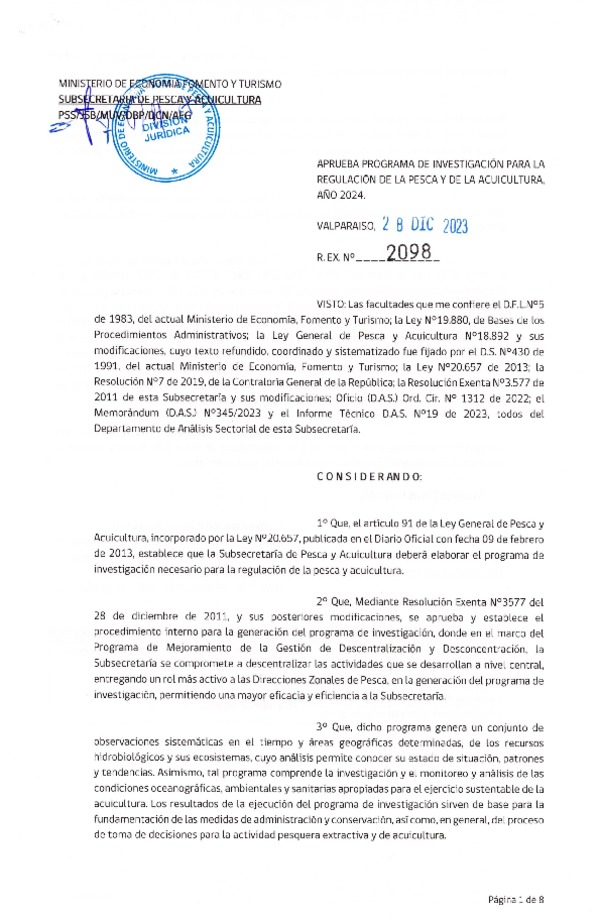 Res. Ex. N° 2098-2023 Aprueba Programa de Investigación para la Regulación de la Pesca y de la Acuicultura año 2024. (Publicado en Página Web 10-01-2024)