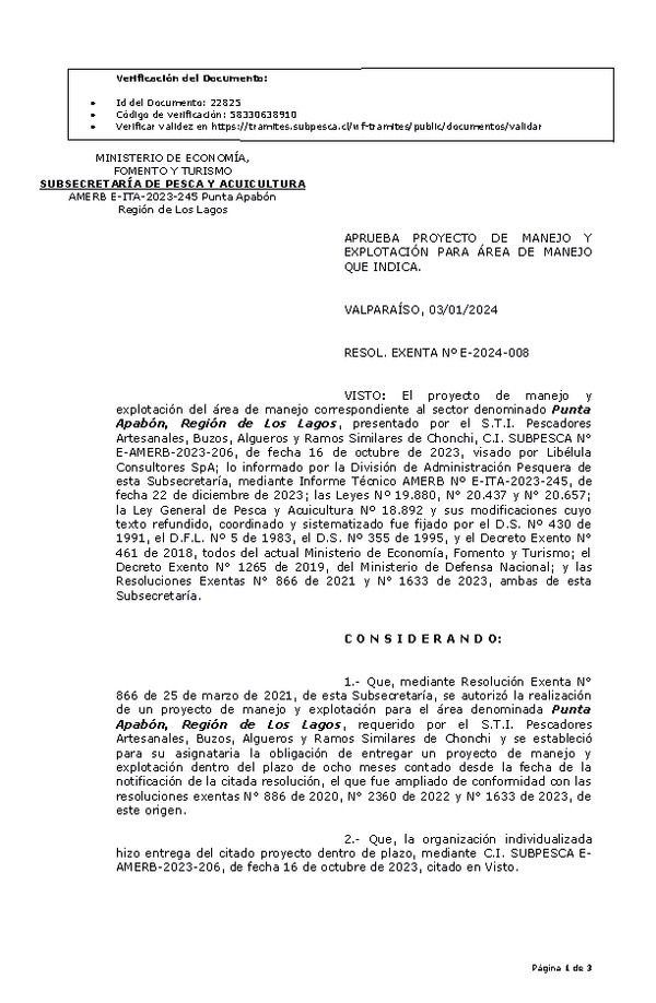 RESOL. EXENTA Nº E-2024-008 Aprueba Plan de manejo. (Publicado en Página Web 10-01-2024)