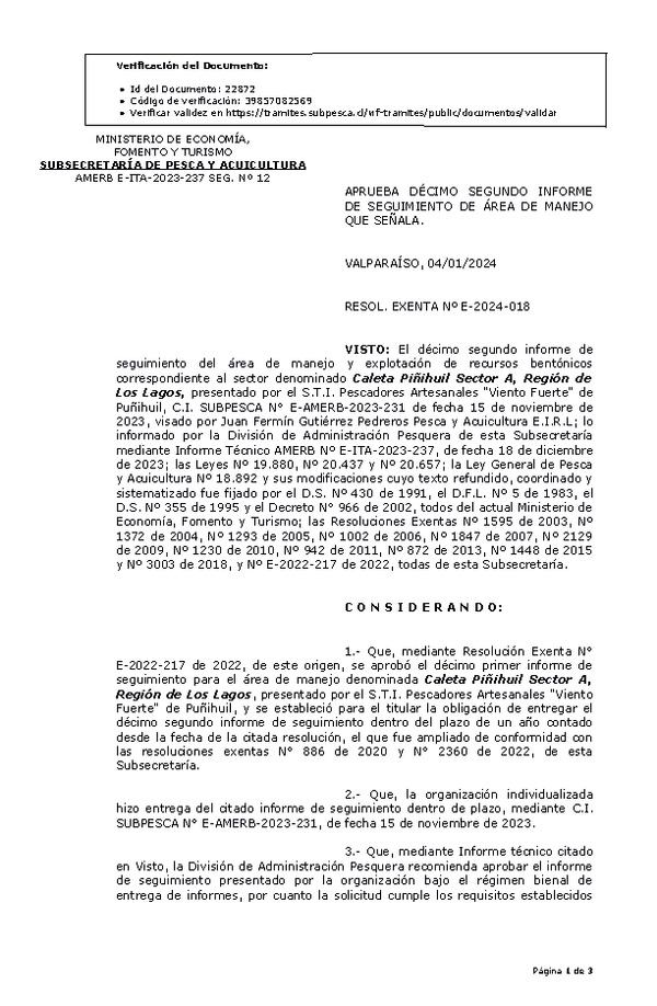 RESOL. EXENTA Nº E-2024-018 Aprueba 12° seguimiento. (Publicado en Página Web 10-01-2024)