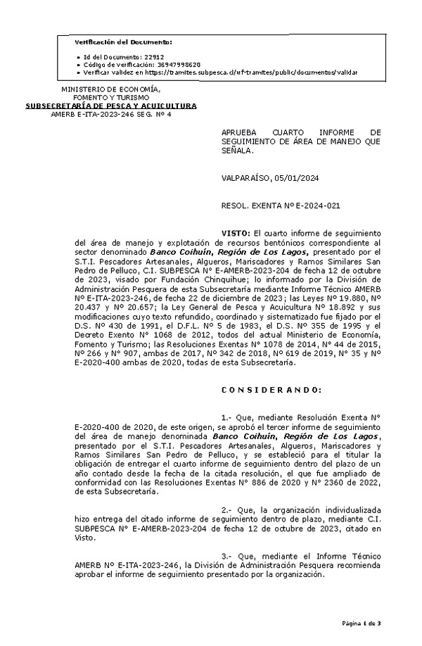 RESOL. EXENTA Nº E-2024-021 Aprueba 4° seguimiento. (Publicado en Página Web 10-01-2024)