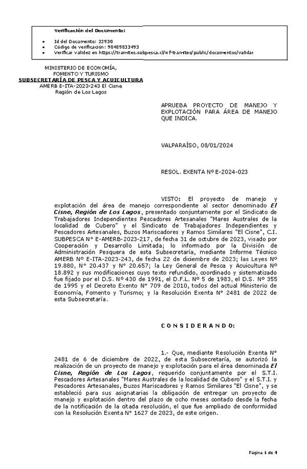 RESOL. EXENTA Nº E-2024-023 Aprueba plan de manejo. (Publicado en Página Web 10-01-2024)