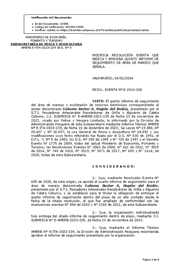 RESOL. EXENTA Nº E-2024-020 Modifica resolución que indica, Aprueba 5° seguimiento. (Publicado en Página Web 10-01-2024)