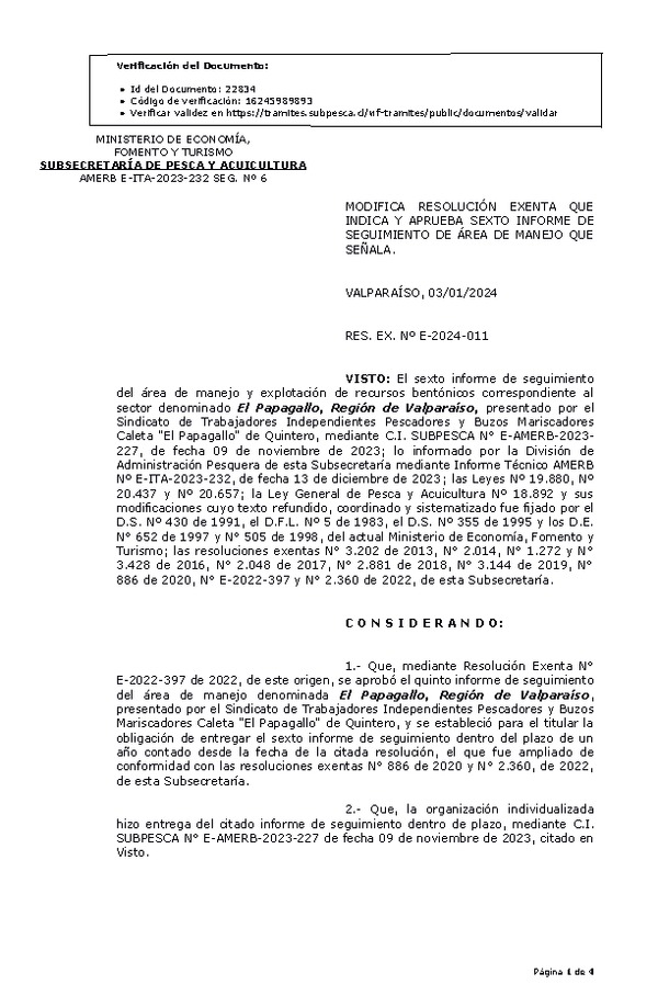 RESOL. EXENTA Nº E-2024-011 Modifica resolución que indica, Aprueba 6° seguimiento. (Publicado en Página Web 10-01-2024)