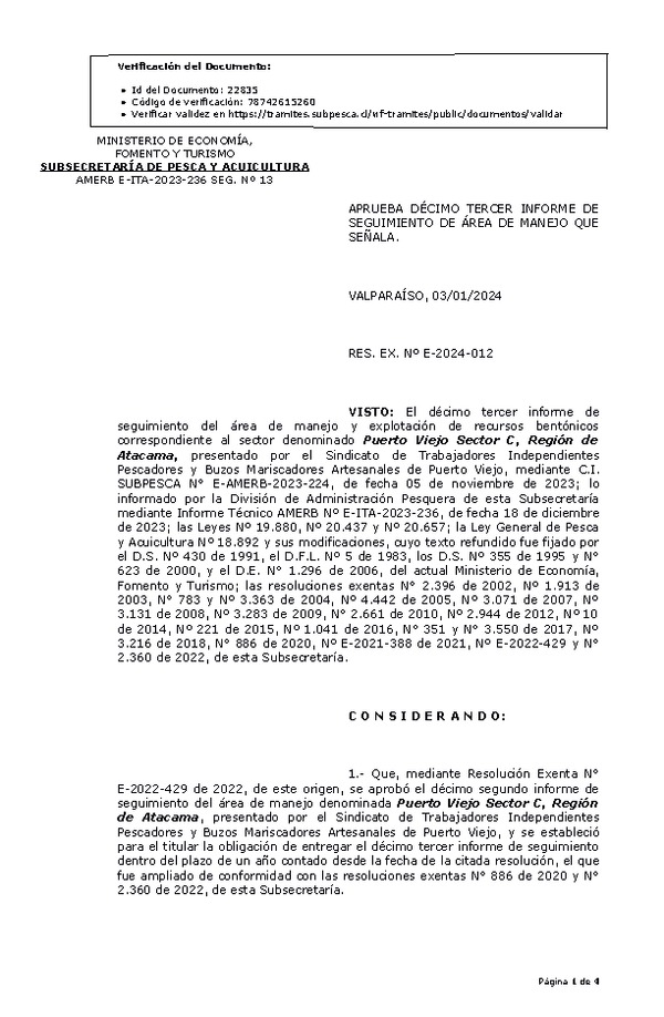 RESOL. EXENTA Nº E-2024-012 Aprueba 13° seguimiento. (Publicado en Página Web 10-01-2024)