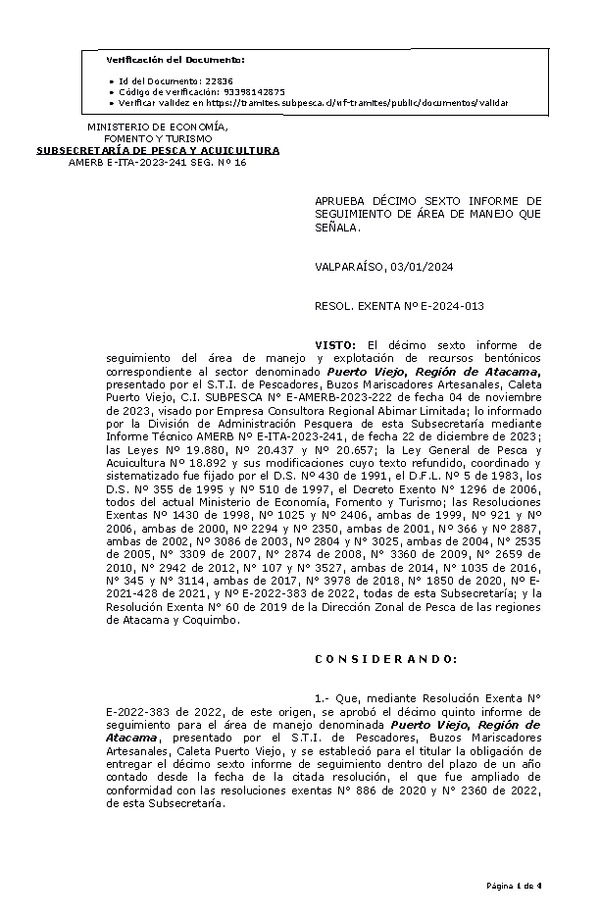 RESOL. EXENTA Nº E-2024-013 Aprueba 16° seguimiento. (Publicado en Página Web 10-01-2024)