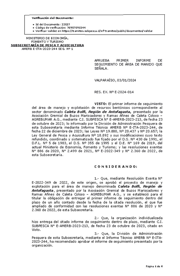 RESOL. EXENTA Nº E-2024-014 Aprueba 1° seguimiento. (Publicado en Página Web 10-01-2024)