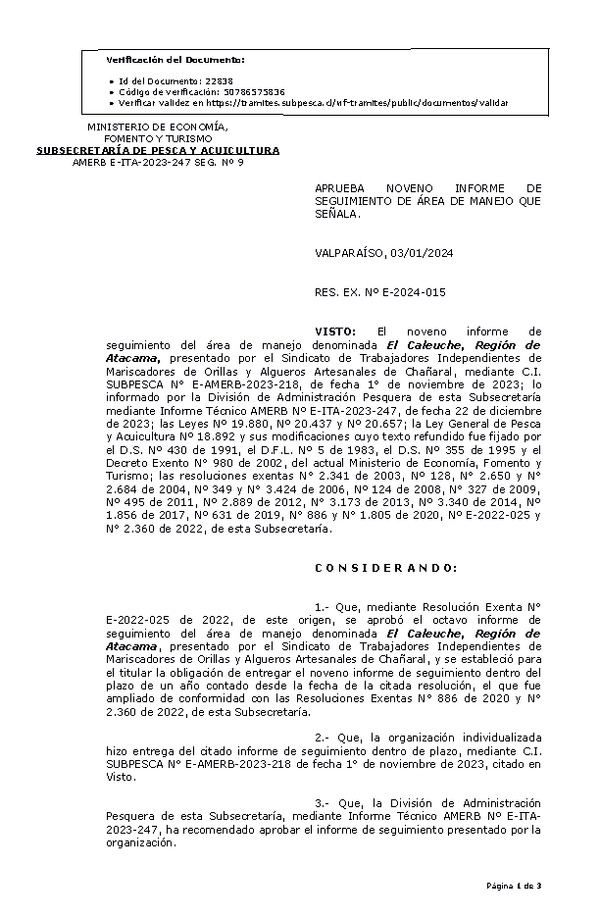 RESOL. EXENTA Nº E-2024-015 Aprueba 9° seguimiento. (Publicado en Página Web 10-01-2024)