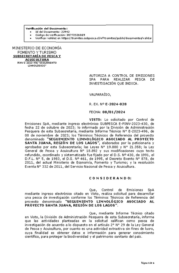 R. EX. Nº E-2024-028 AUTORIZA A CONTROL DE EMISIONES SPA PARA REALIZAR PESCA DE INVESTIGACIÓN QUE INDICA. (Publicado en Página Web 11-01-2024)