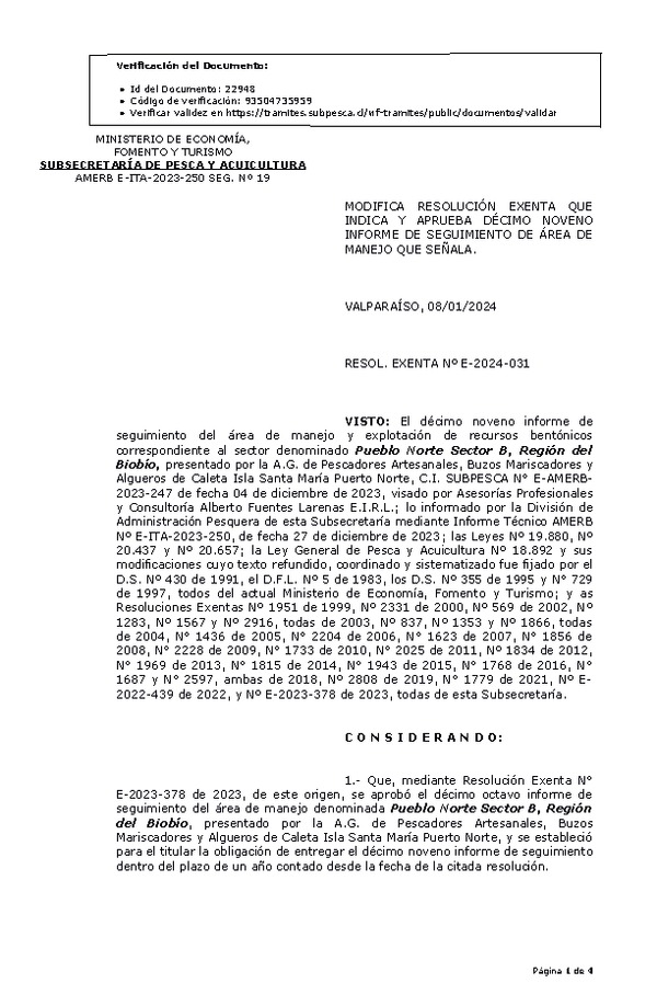 RESOL. EXENTA Nº E-2024-031 Modifica resolución que indica, Aprueba 19° Seguimiento. (Publicado en Página Web 11-01-2024)