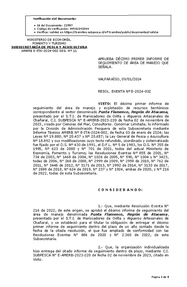 RESOL. EXENTA Nº E-2024-032 Aprueba 11° Seguimiento. (Publicado en Página Web 11-01-2024)