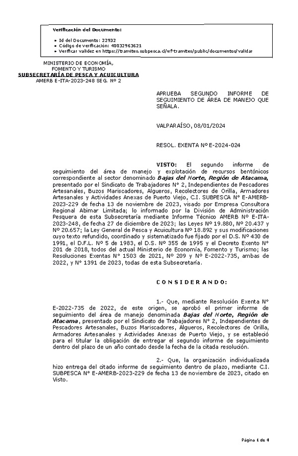 RESOL. EXENTA Nº E-2024-024 Aprueba 2° Seguimiento. (Publicado en Página Web 11-01-2024)