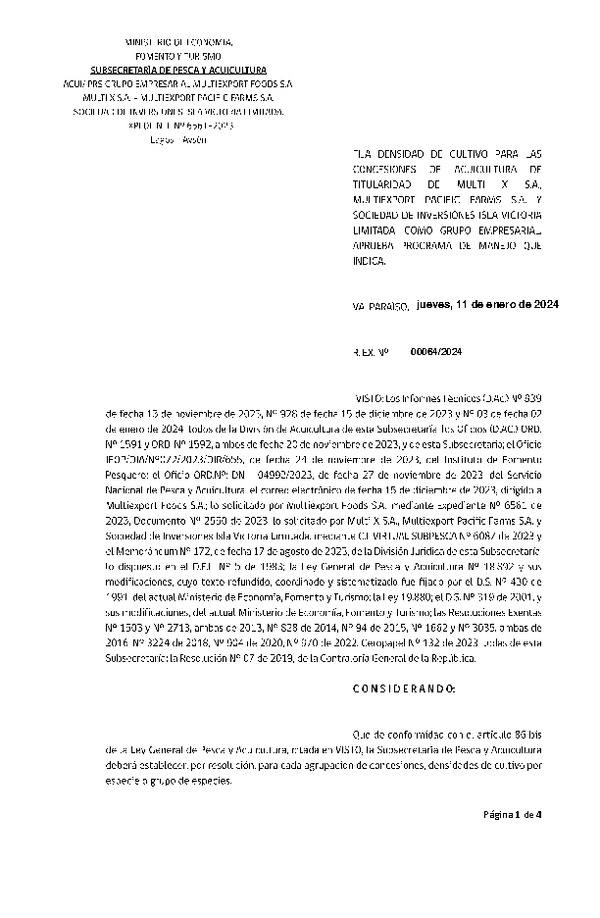 Res. Ex. CERO PAPEL N° 0064-2024 Fija densidad de cultivo para las concesiones de acuicultura de titularidad de Multi X S.A., Multiexport Pacific Farms D.S. Y Sociedad de Inversiones Isla Victoria Limitada. (Con Informe Técnico) (Publicado en Página Web 11-01-2024)