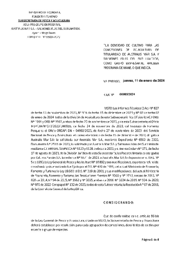 Res. Ex. CERO PAPEL N° 00065-2024 Fija densidad de cultivo para las concesiones de acuicultura de titularidad de Australis Mar S.A. y Salmones Islas del Sur Limitada. (Con Informe Técnico) (Publicado en Página Web 11-01-2024)