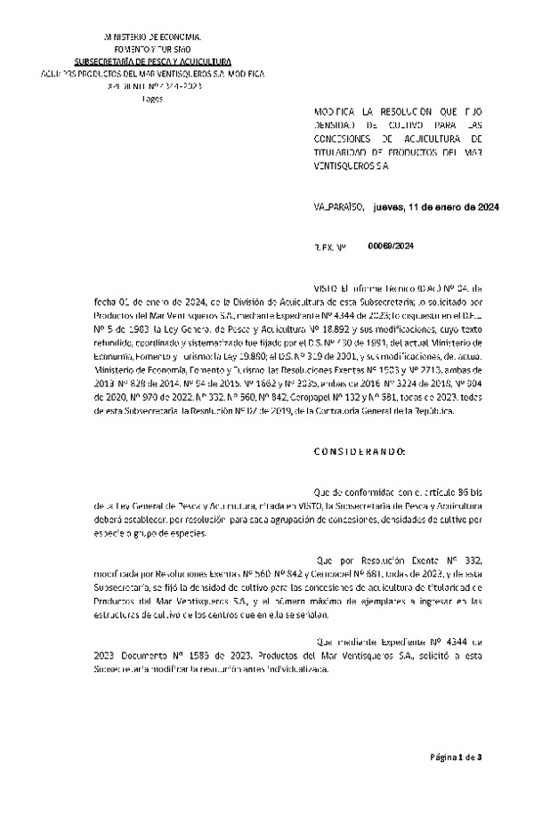 Res. Ex. CERO PAPEL N° 00069-2024 Modifica Res. Ex. N°0332-2023 Fija densidad de cultivo para las concesiones de Acuicultura de titularidad de Productos del Mar Ventisqueros S.A., Aprueba programa de manejo que indica. (Publicado en Página Web 12-01-2024