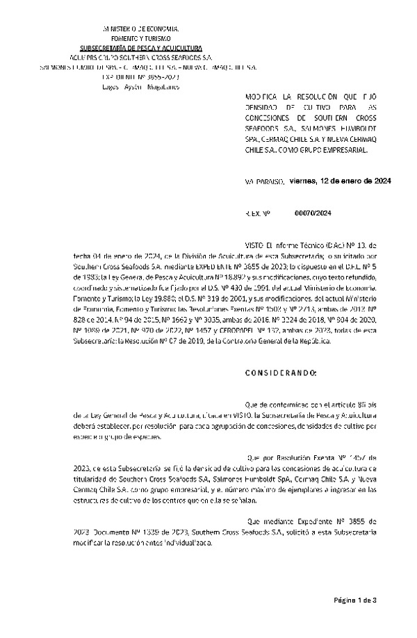 Res. Ex. CERO PAPEL N° 00070-2024 Modifica Res. Ex. N° 1457-2023 Fija densidad de cultivo para las concesiones de acuicultura de Southern Cross Seafoods S.A., Salmones Humboldt SpA., Cermaq Chile S.A. y Nueva Cermaq Chile S.A., como Grupo Empresarial. (Publicado en Página Web 12-01-2024)