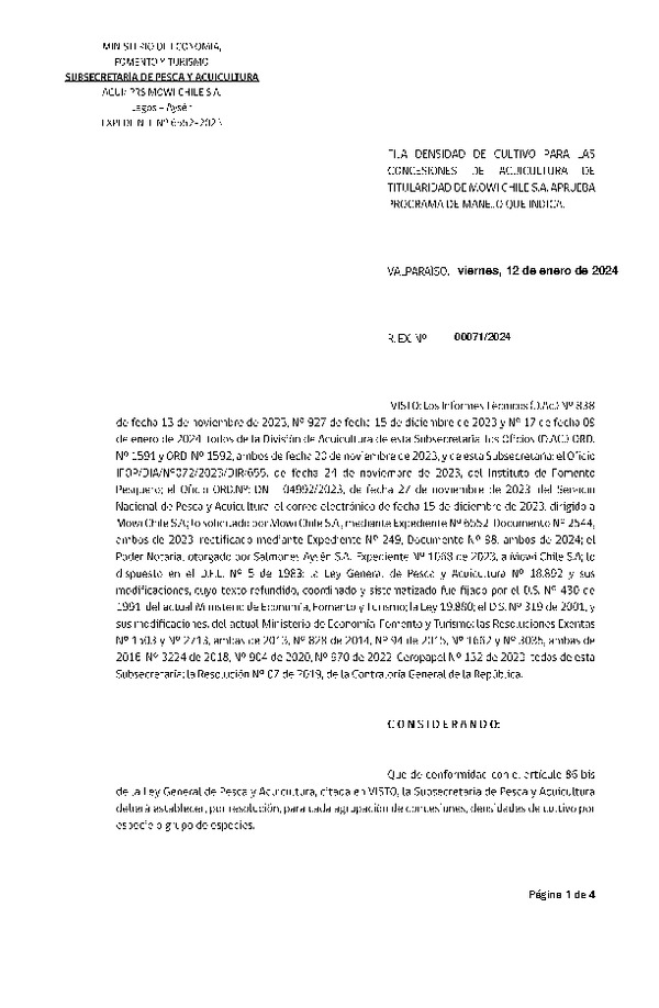 Res. Ex. CERO PAPEL N° 00071-2024 Fija densidad de cultivo para las concesiones de acuicultura de titularidad de Mowi Chile S.A. (Publicado en Página Web 12-01-2024)