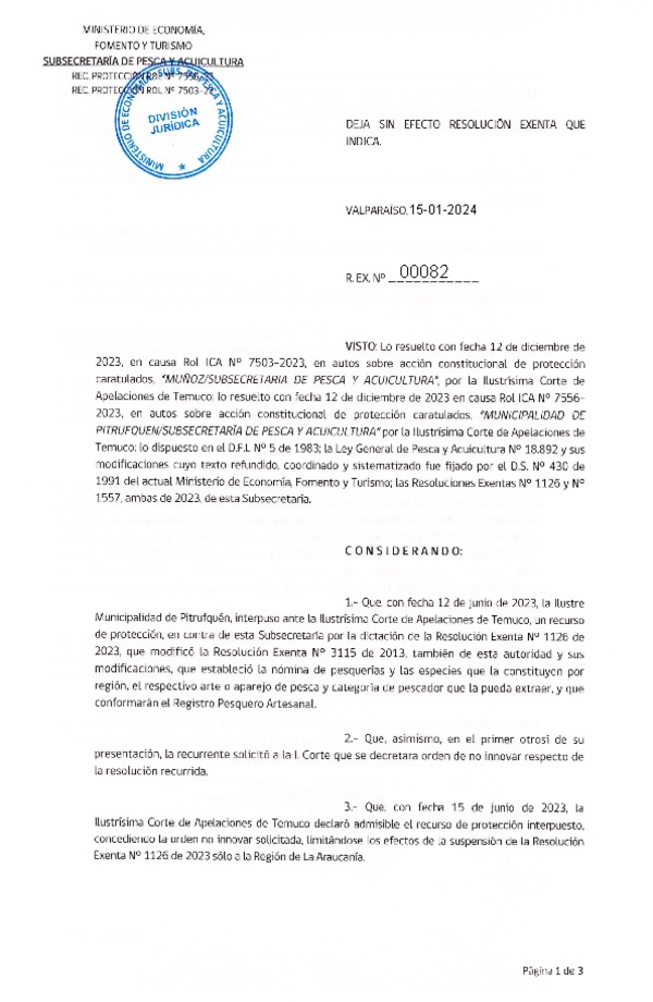 Res. Ex. N° 00082-2024 deja sin efecto Res. Ex. N° 1557-2023 Constata Ordenes No Innovar que Indica. (Publicado en Página Web 15-01-2024)