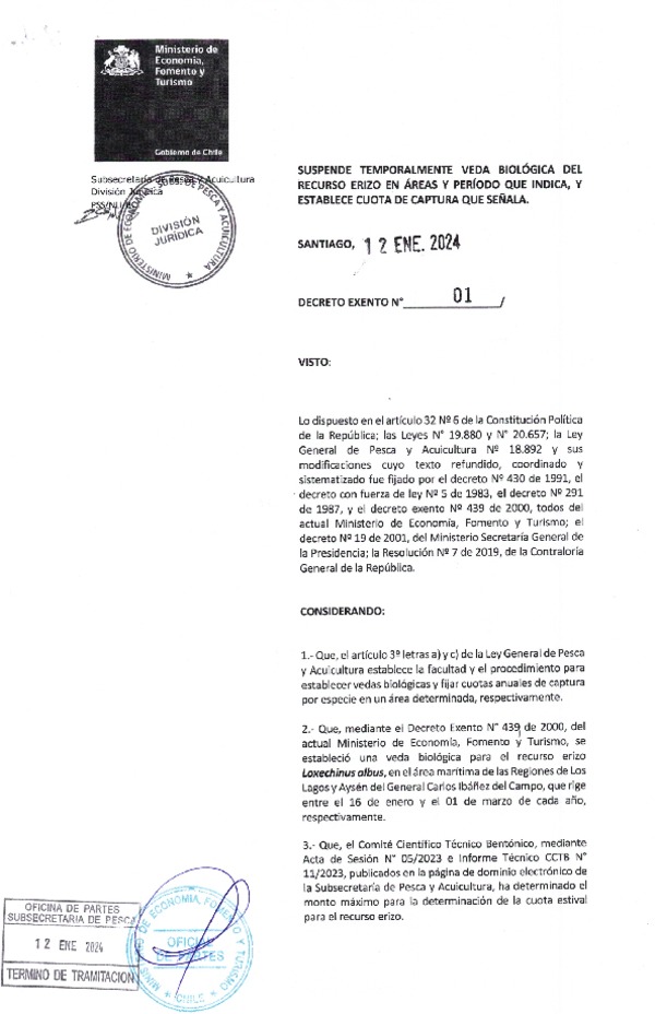 Dec. Ex. N° 01-2024 Suspende Temporalmente Veda Biológica del Recurso Erizo en Áreas y Período que Indica, y Establece Cuota de Captura que Señala. (Publicado en Página Web 16-01-2024)