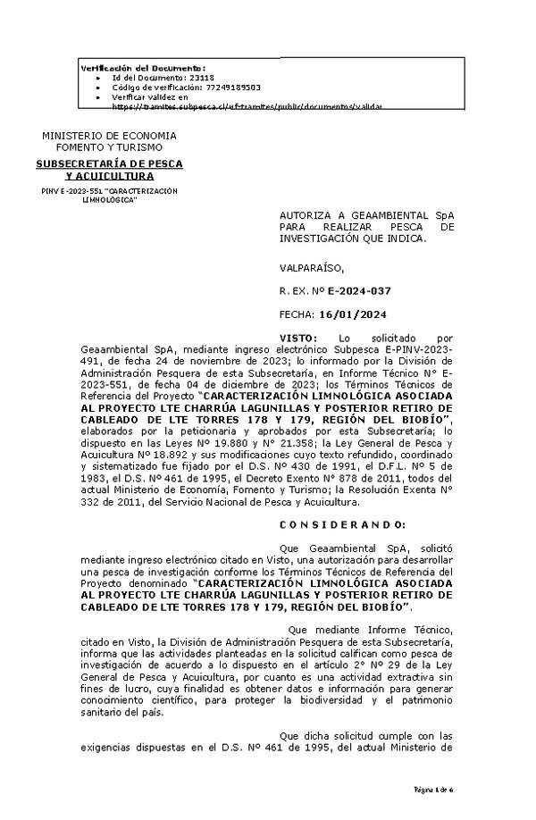 R. EX. Nº E-2024-037 AUTORIZA A GEAAMBIENTAL SpA PARA REALIZAR PESCA DE INVESTIGACIÓN QUE INDICA. (Publicado en Página Web 17-01-2024)