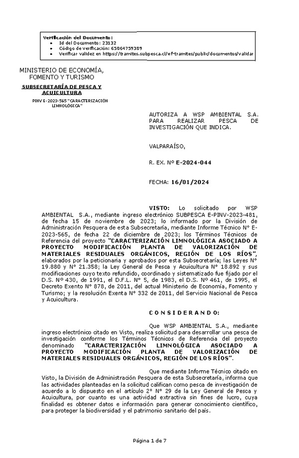 R. EX. Nº E-2024-044 AUTORIZA A WSP AMBIENTAL S.A. PARA REALIZAR PESCA DE INVESTIGACIÓN QUE INDICA. (Publicado en Página Web 17-01-2024)