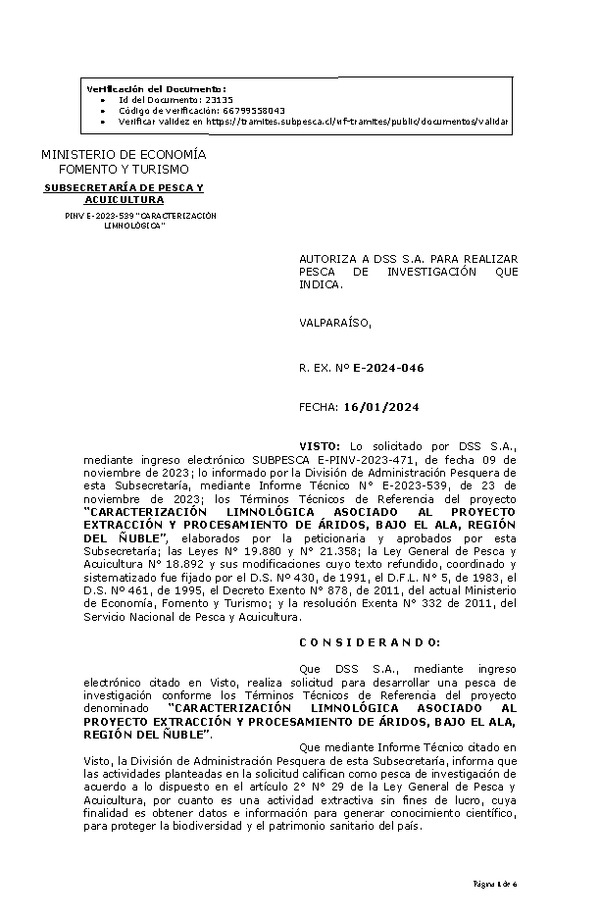 R. EX. Nº E-2024-046 AUTORIZA A DSS S.A. PARA REALIZAR PESCA DE INVESTIGACIÓN QUE INDICA. (Publicado en Página Web 17-01-2024)