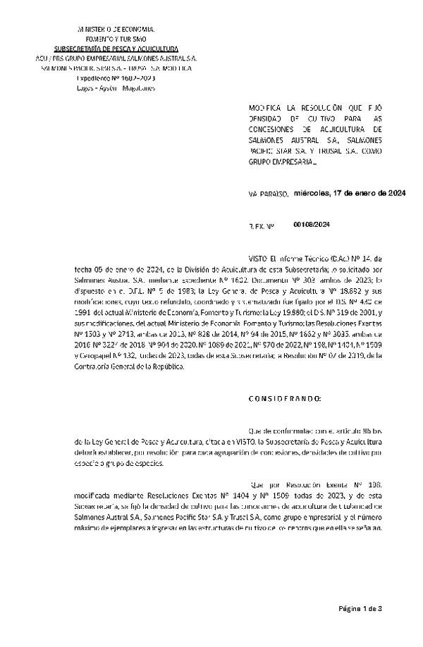 Res. Ex. N° 00108-2024-2024 Modifica Res. Ex. N°0198-2023 Fija densidad de cultivo para las concesiones de Acuicultura de Salmones Austral S.A. Salmones Pacific Star S.A. y Trusal S.A., Aprueba programa de manejo que indica. (Con Informe Técnico) (Publicado en Página Web 18-01-2024)