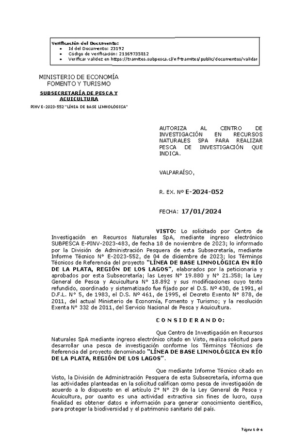 R. EX. Nº E-2024-052 AUTORIZA AL CENTRO DE INVESTIGACIÓN EN RECURSOS NATURALES SPA PARA REALIZAR PESCA DE INVESTIGACIÓN QUE INDICA. (Publicado en Página Web 19-01-2024)