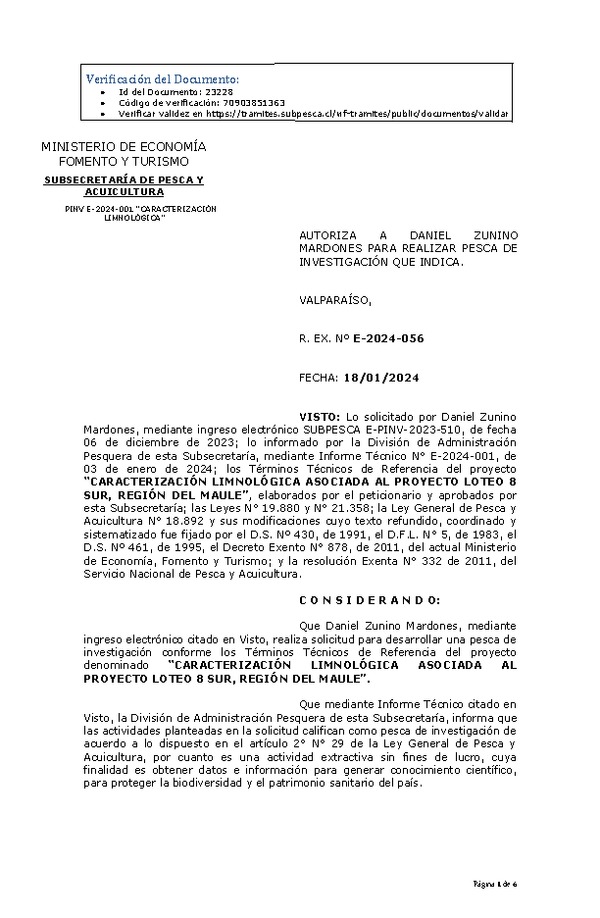 R. EX. Nº E-2024-056 AUTORIZA A DANIEL ZUNINO MARDONES PARA REALIZAR PESCA DE INVESTIGACIÓN QUE INDICA. (Publicado en Página Web 19-01-2024)