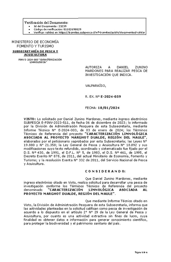 R. EX. Nº E-2024-059 AUTORIZA A DANIEL ZUNINO MARDONES PARA REALIZAR PESCA DE INVESTIGACIÓN QUE INDICA. (Publicado en Página Web 19-01-2024)