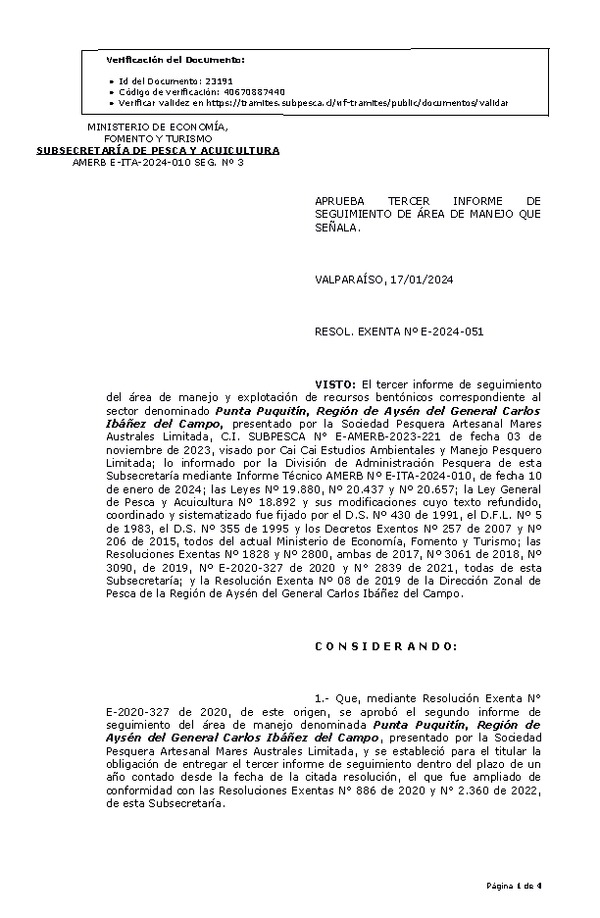 RESOL. EXENTA Nº E-2024-051 Aprueba 3° seguimiento. (Publicado en Página Web 19-01-2024)