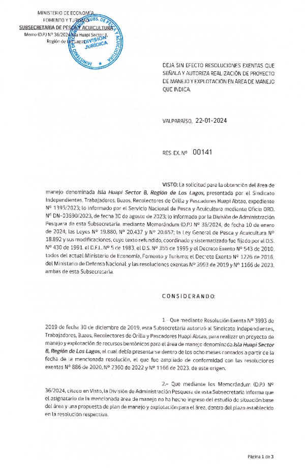 Res. Ex. N° 00141-2023 Deja sin efecto resoluciones que indica, Aprueba proyecto de manejo que señala. (Publicado en Página Web 24-01-2024)