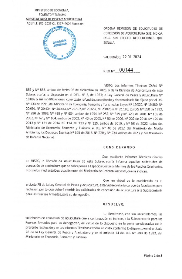 Res. Ex. N° 00144-2024 Ordena remisión de solicitudes de concesión de acuicultura que indica. Deja sin efecto resolución que señala.