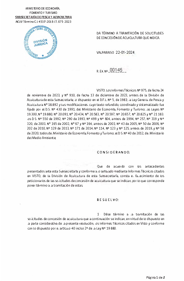 Res. Ex. N° 00145-2024 Da termino a tramitación a solicitudes de concesión de acuicultura que indica.