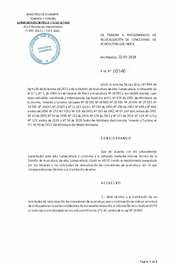 Res. Ex. N° 00146-2024 Da termino a procedimientos de relocalización de concesión de acuicultura que indica.