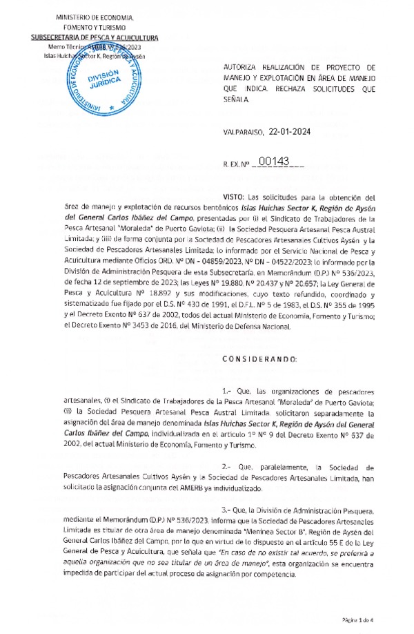 Res. Ex. N° 00143-2024 Autoriza realización de proyecto de manejo, rechaza solicitudes que señala. (Publicado en Página Web 24-01-2024)