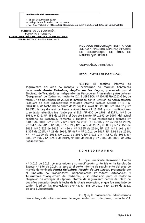 RES. EX. Nº E-2024-066 Modifica resolución que indica, Aprueba 7° seguimiento. (Publicado en Página Web 25-01-2024)