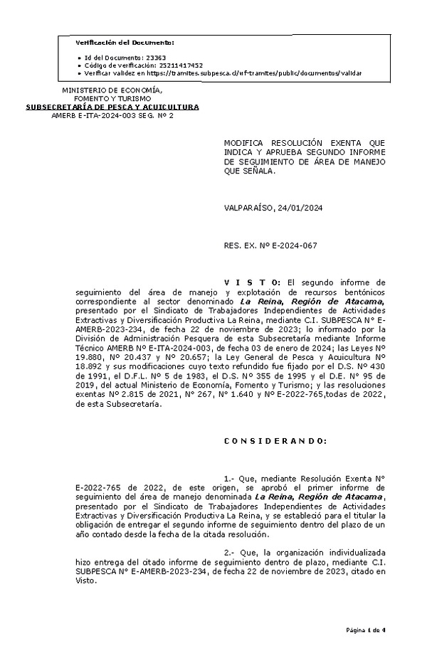 RES. EX. Nº E-2024-067 Modifica resolución que indica, Aprueba 2° seguimiento. (Publicado en Página Web 25-01-2024)