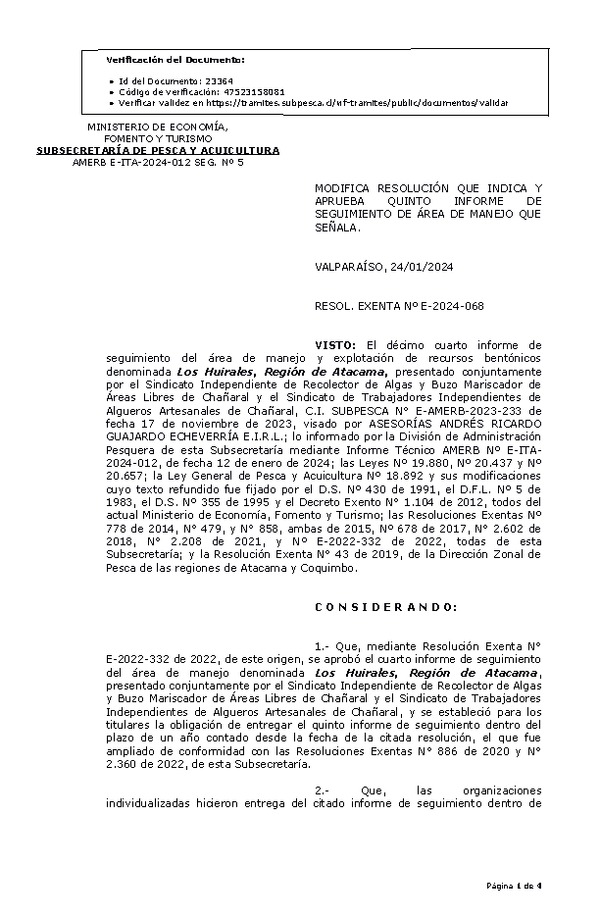 RES. EX. Nº E-2024-068 Modifica resolución que indica, Aprueba 5° seguimiento. (Publicado en Página Web 25-01-2024)